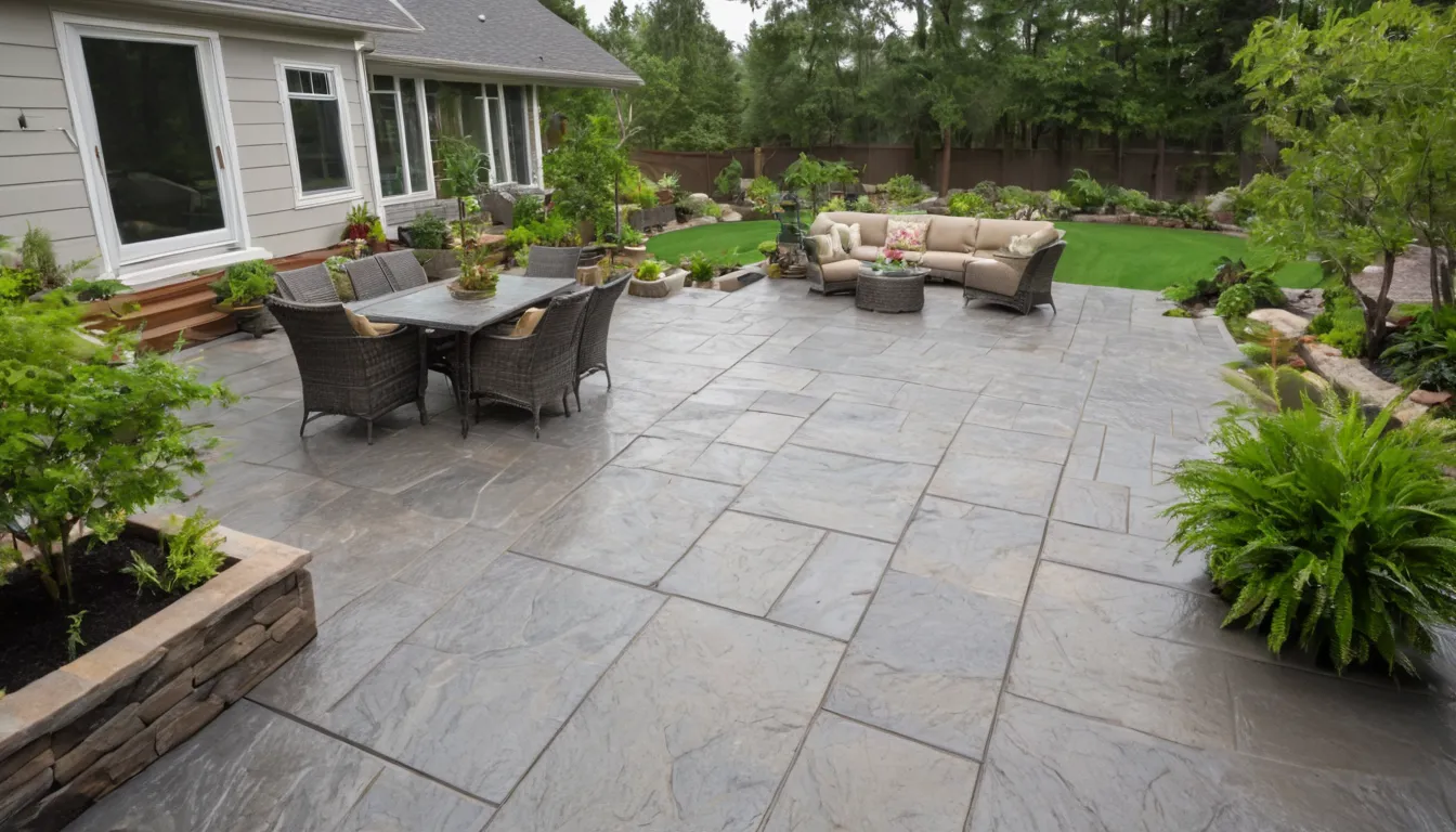 A finished stamped concrete patio with a slate pattern behind a wood-frame home in the Portland area